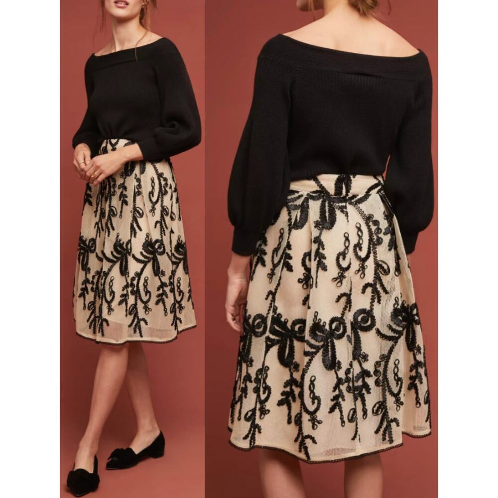 Anthropologie dRA Zoanne Embroidered Tulle Skirt S Black Cream Midi Coquette